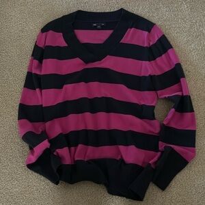 Black and fuschia/pink strip sweater. Size large, GAP. V neck.